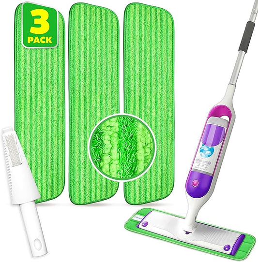 3 Pack 18 inch Reusable Microfiber Mop Pads, Compatible with Swiffer PowerMop and Bona Mop, Machine Washable Cloths, Scraper Included, for All Floor Cleaning, Wet Dry - 16"- 18"