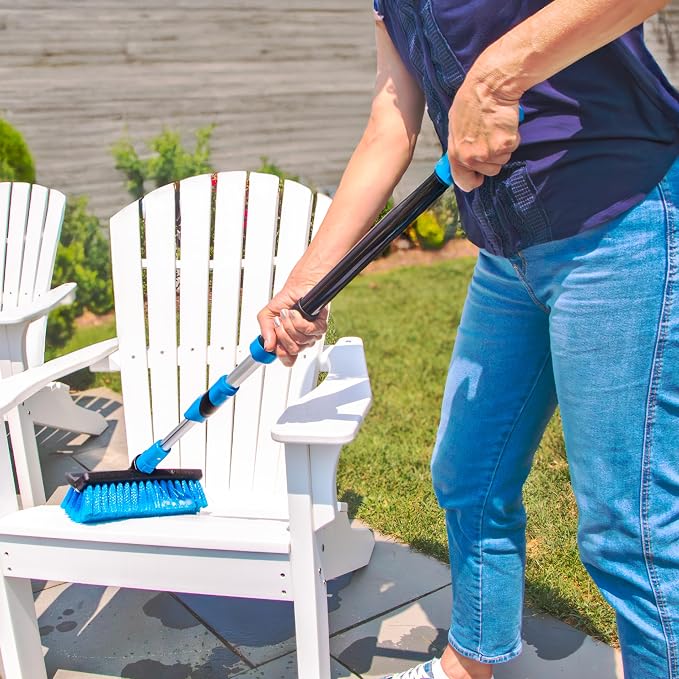 Unger Professional Lock-On Multi-Angle Wash Brush, Grout Brush and EZ Extend Pro Telescopic Pole for Outdoor Cleaning, Adjustable 5 FT Pole Extends Reach