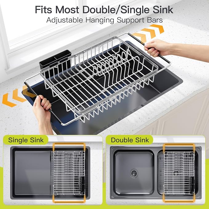 JASIWAY Expandable Stainless Steel Dish Drying Rack Over The Sink For Small Kitchen, Counter Space Saving Compact Plate Drainer Strainer, Adjustable Hanging Metal Dish Dryer Holder with Utensil Holder