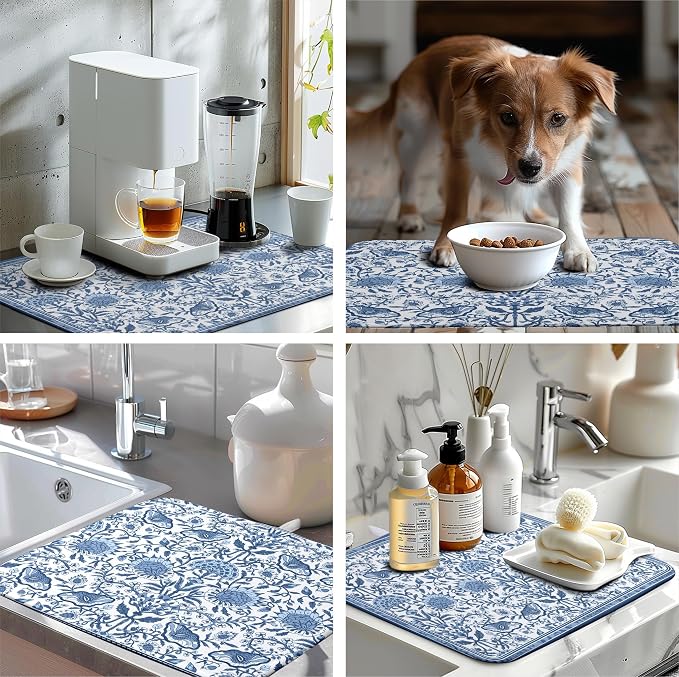 Blue Floral Dish Drying Mat for Kitchen Counter Boho Flowers Dishes Drainer Mats Rustic Farmhouse Microfiber Absorbent Dish Draining Spring Summer Reversible Dish Rack Pad Large 18x24 Inch