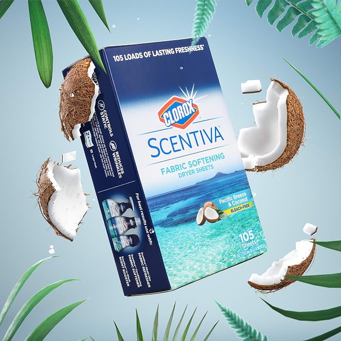 Clorox Scentiva Fabric Softening Dryer Sheets | Fabric Sheets in Pacific Breeze & Coconut Scent | Laundry Dryer Sheets for Fresh & Clean Clothes | 105 Count (Pack of 2)