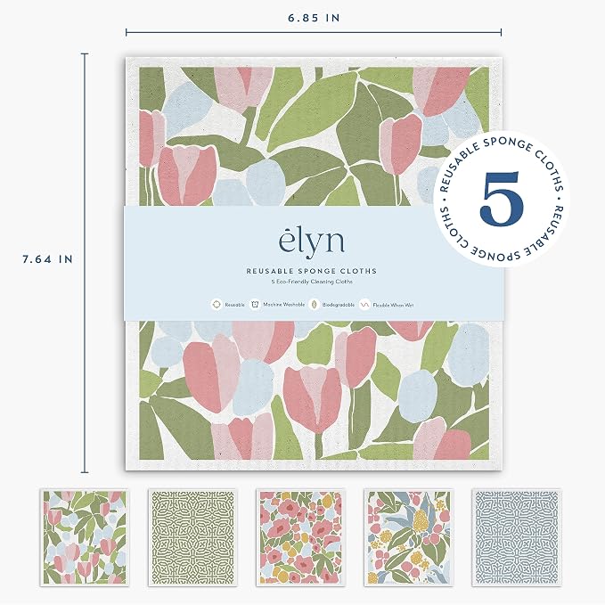 ELYN Swedish Dishcloths, Reusable & Washable Sponge Cloths, Absorbent Cleaning Paper Towels for Kitchen, Dishes, Counters and More, 5 Pack, Assorted Geo & Floral Pattern