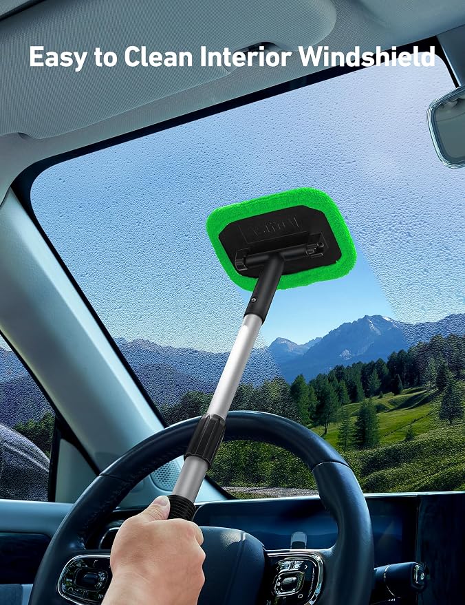 AstroAI Windshield Cleaner, Microfiber Window Cleaner with 4 Reusable Washable Large Sponge Pads, Extendable 180° Rotating Handle, Fits Cars & SUVs, Includes Spray Bottle, Green