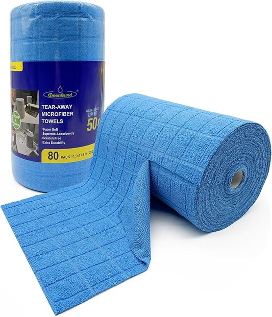 Greenfound Microfiber Cleaning Cloth Roll, 80 Pack Tear Away Towels, Reusable Washable Lint Free Scratch Free Absorbent Cleaning Rags for Kitchen Home Car Window Glass, 11.5 x 11.5 Inch Check Blue