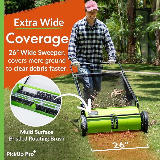 Pickup Pro XL Garden Sweeper - Manual Leaf & Grass Push Lawn Sweeper (Pickup Pro Max)