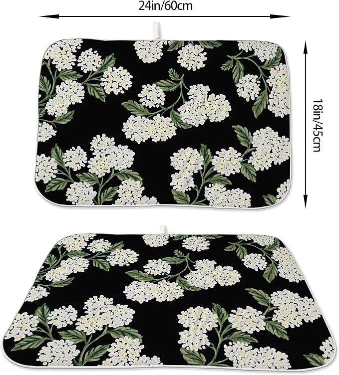 Spring Dish Drying Mat 18x24 Inches For Kitchen Counter Absorbent Black Beige Hydrangea Floral Kitchen Decoration Summer Flower Drying Mat Pad For Home Kitchen,Dining Room,Office Decor