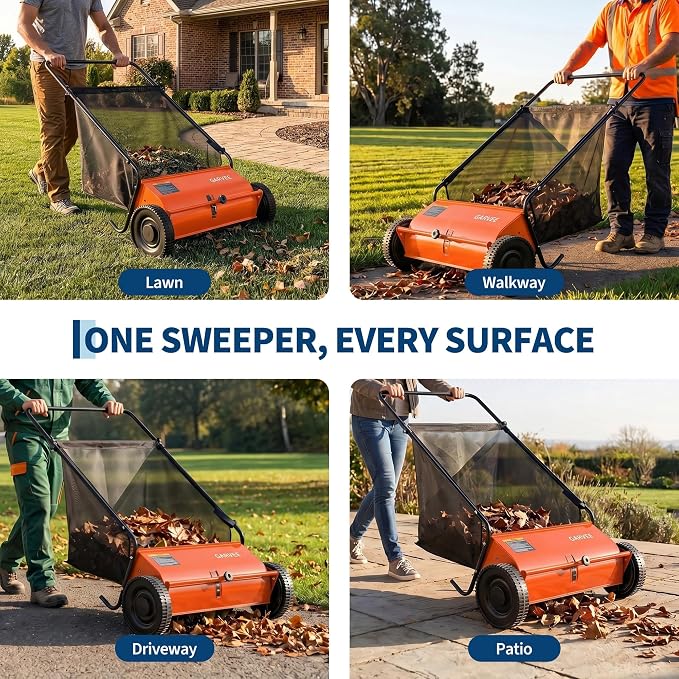 Garvee Push Lawn Sweeper, 26" Leaf & Grass Collector with 7Cu.ft Hopper Bag | Heavy Duty Yard Sweeper with Clear Dust Cover & Large Collection Bag for Leaves, Grass Clippings, for Lawn Yard Cleanup