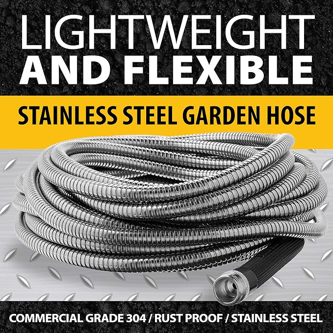 BIONIC STEEL 50 Ft Metal Garden Hose with Sprayer Nozzle,Non Kinking Stainless Steel Heavy Duty Hose 50Ft x 5/8 in. Ultra Flexible NON Expandable for Uninterrupted Water Flow,500 PSI,(Pack of 4)