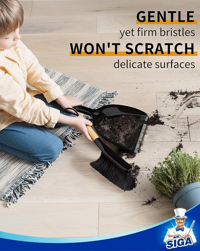 MR.SIGA Dustpan and Brush Set, Bamboo Handle, Black, 1 Set | Handheld brush and dustpan combo with hanging loop, small broom and dustpan set