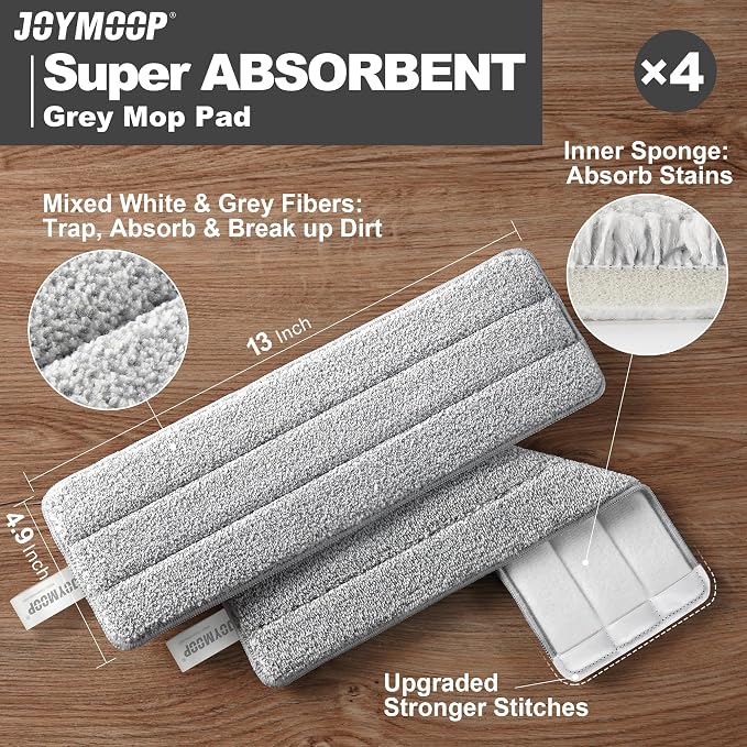 JOYMOOP Microfiber Flat Mop Pads, Washable Replacement Pads for 13 Inch Mop System, Grey, Pack of 4