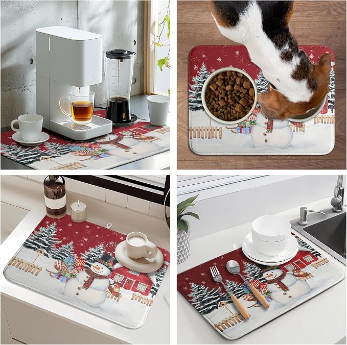 Christma Snowman Dish Drying Mat Winter Snowflake Large Kitchen Mats Dish Drying Pad Red Absorbent Dish Dryer Mat for Kitchen Countertops Microfiber Drainer Pad Dish Drying Mats (18x24 in)