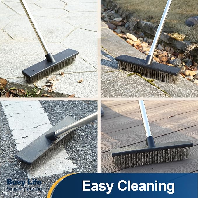 Yocada Stainless Steel Wire Scrub Brush with 65" Long Handle Heavy Duty | Outdoor Wire Metal Brush Scrubber Broom for Deck Crack Patio Pavement Sidewalk Driveway Moss Remover