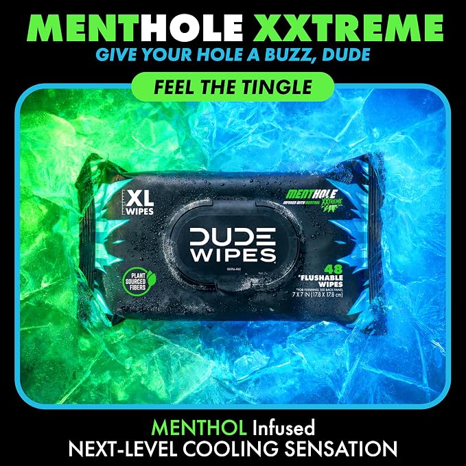 DUDE Wipes MentHOLE XXtreme Flushable Wipes - Menthol Infused Extra-Large Adult Wet Wipes - 6 Pack (288 Count) - Infused with Menthol for a Cooling Sensation - Septic and Sewer Safe