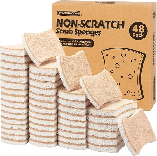 Natural Dish Sponge 48 Pack, Non-Scratch Scrub Sponge, Eco Multipurpose Kitchen Sisal Fiber Cellulose Sponge, Odor-Less Dual-Sided for Dish Washing & Household Cleaning