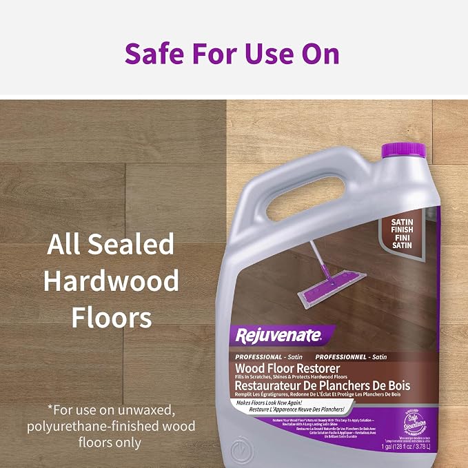 Rejuvenate Professional Wood Floor Restorer Fills Scratches, Seals And Protects Wood Flooring For A Matte Satin Finish, 1 Gallon | 1-Coat Application Fills Scratches, Shines & Protects Hardwood Floors, Leaves A Satin Finish, Safe For Pets & Kids
