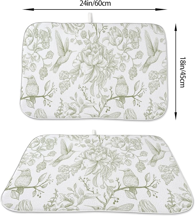 Floral Dish Drying Mat 18x24 Inches For Kitchen Counter Chinoiserie Sage Green Flower Birds Kitchen Decoration Drying Mat Decorative Drying Pad Mat for Home Kitchen,Dining Room,Office Decor