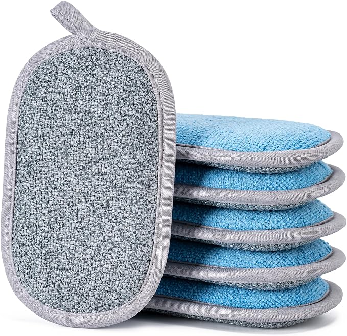 Dual-Sided Multi-Purpose Scrub Sponges, Non-Scratch Dishwashing Sponges for Kitchen, Reusable Microfiber Sponge for Efficiently Cleaning Dishes, High Density Sponge Inside (6 Pack, Medium)