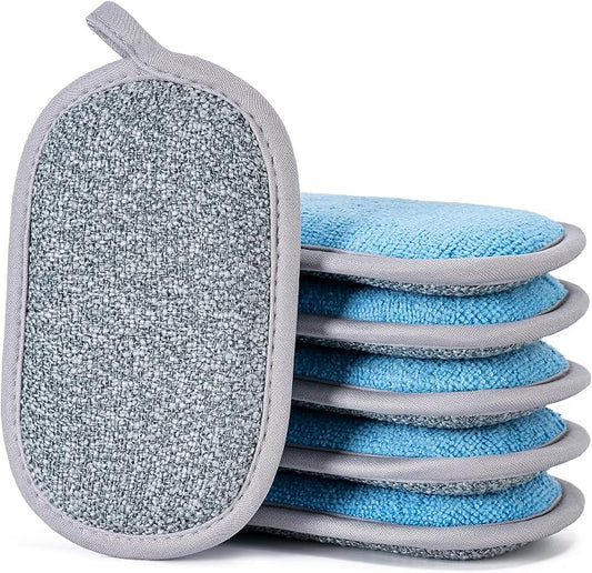 Dual-Sided Multi-Purpose Scrub Sponges, Non-Scratch Dishwashing Sponges for Kitchen, Reusable Microfiber Sponge for Efficiently Cleaning Dishes, High Density Sponge Inside (6 Pack, Large) Gray-Blue