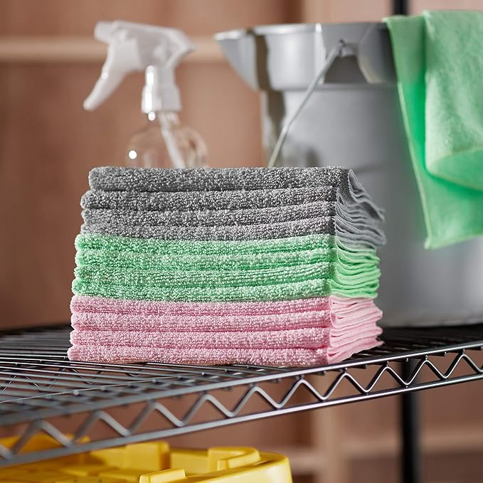 Amazon Basics Microfiber Cleaning Cloths, Ultra Absorbent, Scratch Free, Non-Abrasive, Reusable and Washable, All-Purpose, Car Detailing, 16" x 12", Green/Gray/Pink (Pack of 288)