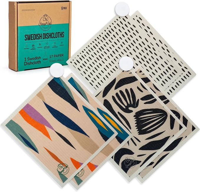 Harps&Seb Swedish Dishcloths for Kitchen Dishcloths - 6 Pack, Reusable Paper Towels with Clips, Super Absorbent Washable Non-Scratch Swedish Dish Towels, No Odor, Biodegradable
