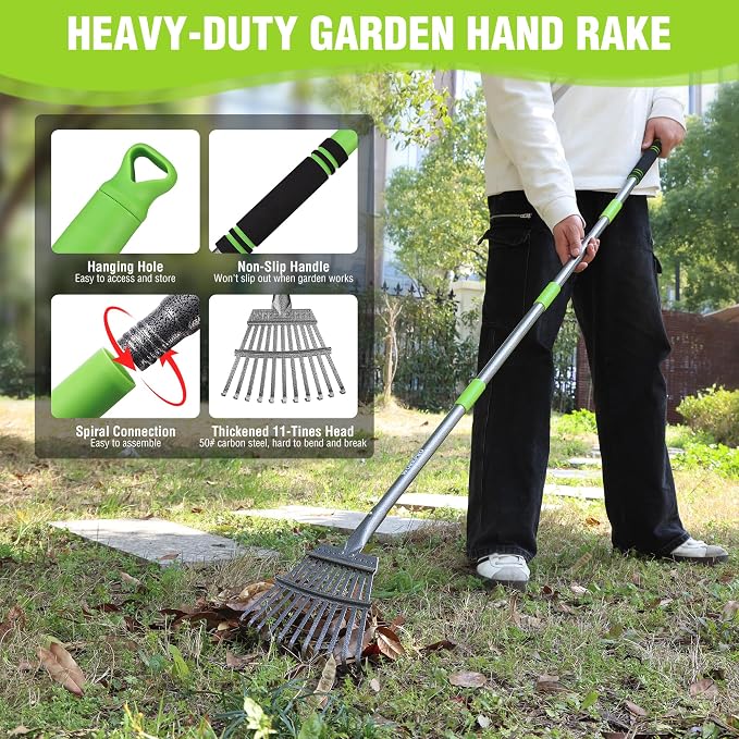 WORKPRO Rake, Small Rake for Leaves with 72” Adjustable Long Handle | 11 Steel Tines, Heavy Duty Metal Leaf Rakes for Garden, Lawn, Yard, Flower Bed, Narrow Rakes 9" Wide Head for Tight Spaces