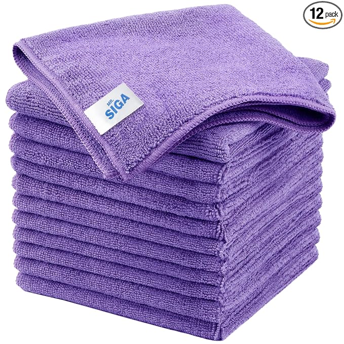 MR.SIGA Microfiber Cleaning Cloths, Streak Free Microfiber Towels, 12 Pack | All-purpose microfiber cloths, ultra absorbent, reusable household cleaning towels, Purple, 32 x 32 cm(12.6 x 12.6 inch)