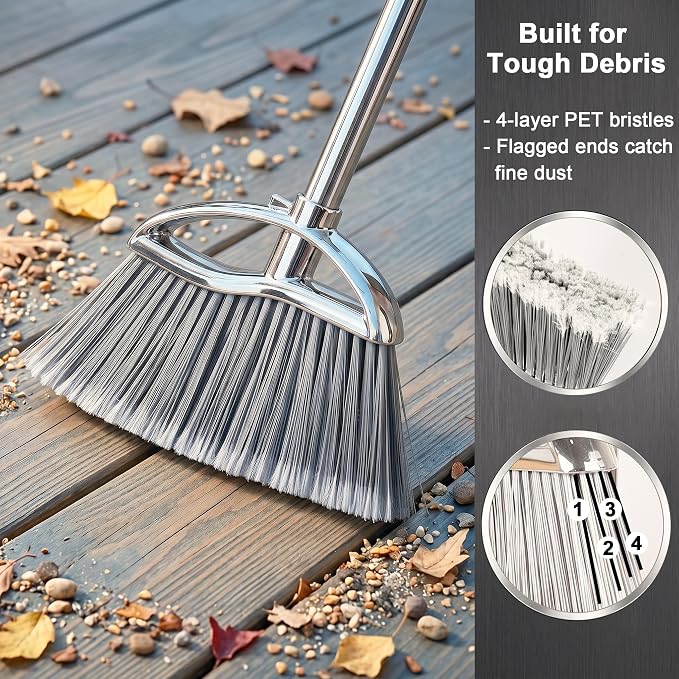 Heavy Duty Broom and Dustpan Set, Stainless Steel, 52.7-Inch for Sweeping | No-bend stand up design