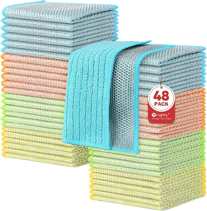Orighty Multipurpose Wire Dishwashing Rag, 48 Pcs Upgraded Double-Layer Non-Scratch Wire Dish Cloths, Reusable Steel Scrubber Dishcloth Rags for Kitchen, Cookware, 7"x8", Multicolor