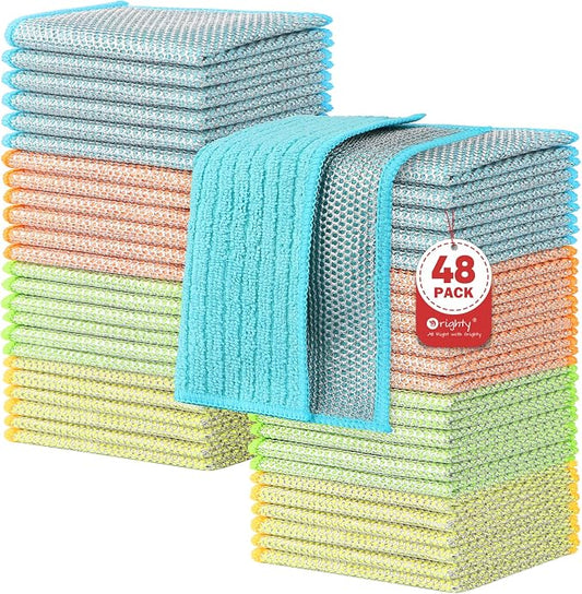 Orighty Multipurpose Wire Dishwashing Rag, 48 Pcs Upgraded Double-Layer Non-Scratch Wire Dish Cloths, Reusable Steel Scrubber Dishcloth Rags for Kitchen, Cookware, 7"x8", Multicolor