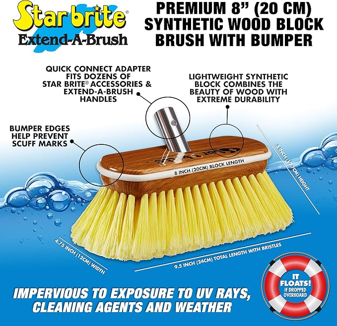 STAR BRITE 8" Premium Cleaning Brush - Synthetic Wood Block with High-Density Star Prene Fibers for Smooth & Painted Surfaces - Fits Star brite Extend-A-Brush Handles - Soft Bristle, Yellow (040170)