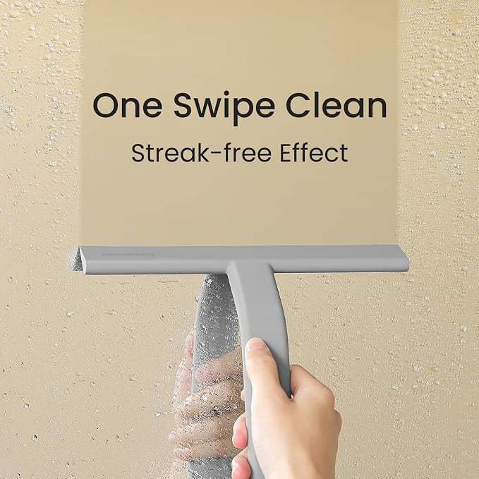 dancemoon JustHang Shower Squeegee with Built-in Hook, 10-Inch Gray | Award-Winning Design, All-One-Piece Soft-Touch Silicone, for Glass Door, Bathroom, Window, Mirror, Tile Wall, Car
