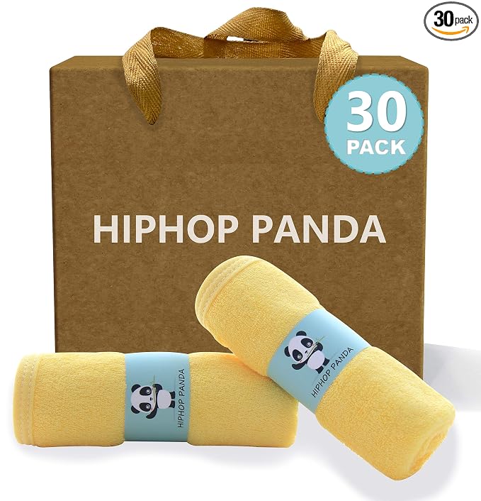 HIPHOP PANDA Baby Washcloths, Rayon Made from Bamboo - 2 Layer Ultra Soft Absorbent Newborn Bath Face Towel - Reusable Baby Wipes for Delicate Skin - Yellow, 30 Pack