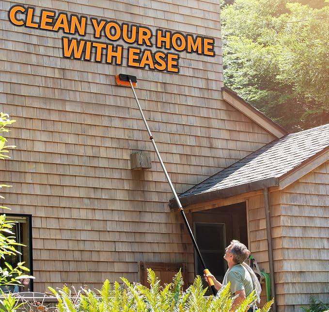14 Foot Exterior House Cleaning Brush Set with 5-8 ft Extension Pole | Vinyl Siding Brushes with Telescopic Extendable Pole & Window Cleaning Squeegee // The Ultimate Extension Scrub Brush Set