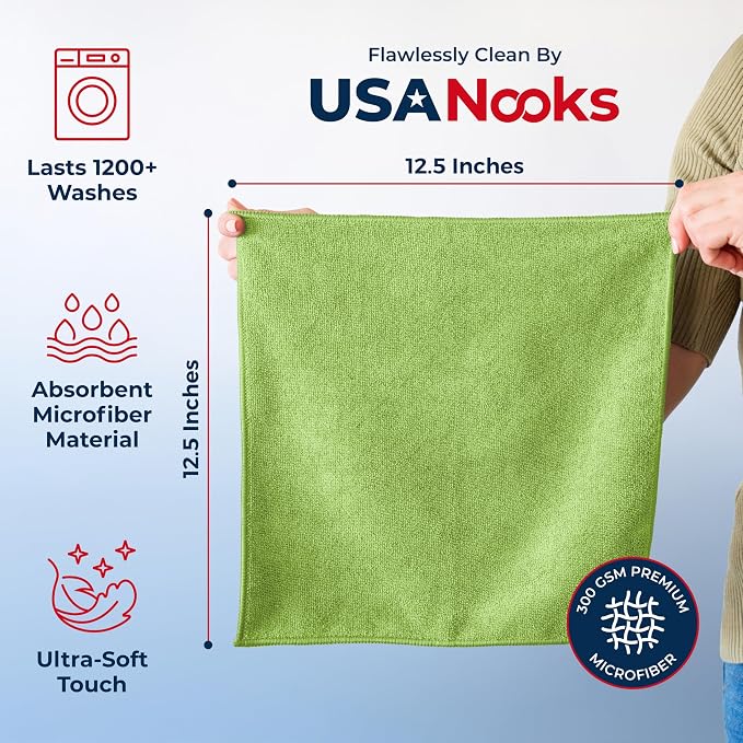 USANOOKS Microfiber Cleaning Cloth Light Green - 50 Pcs 12.5"x12.5" - High Performance - 1200 Washes, Ultra Absorbent Towels Weave Grime & Liquid for Streak-Free Mirror Shine - Car Washing Cloth