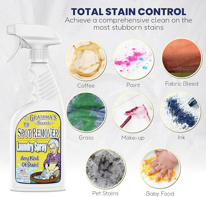 Grandma's Secret Laundry Spray - Chlorine, Bleach and Toxin-Free Fabric Stain Remover for Clothes - Removes Oil, Paint, Blood and Pet Stains - 16 Oz, 3 Pack