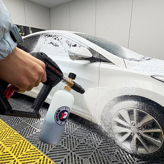 Tool Daily Short Pressure Washer Gun with Foam Cannon, Car Wash Brush | 15° Curved Car Washing Brush with Long Handle, 5 Spray Nozzle Tips, 1/4 Inch Quick Connect