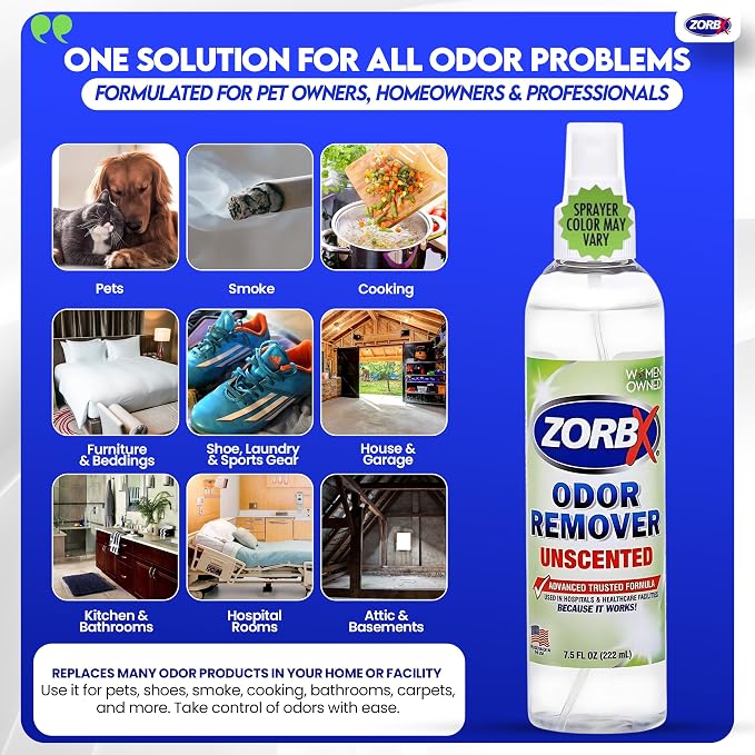 ZORBX Unscented Odor Eliminator 7.5 Oz 2-Pack, Daily Use, Hospital-Grade | Permanent Odor Remover for Pet & Human Urine, Smoke & Strong Odors, Carpet, Upholstery, Mattress, Bathroom, Basement & More