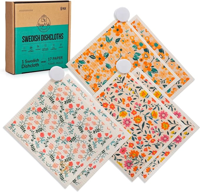 Harps&Seb Swedish Dishcloths for Kitchen Dishcloths - 6 Pack, Reusable Paper Towels with Clips, Super Absorbent Washable Non-Scratch Swedish Dish Towels, No Odor, Biodegradable