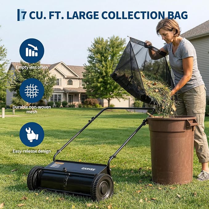 Garvee Push Lawn Sweeper, 26" Leaf & Grass Collector with 7Cu.ft Hopper Bag | Heavy Duty Yard Sweeper with Clear Dust Cover & Large Collection Bag for Leaves, Grass Clippings, for Lawn Yard Cleanup