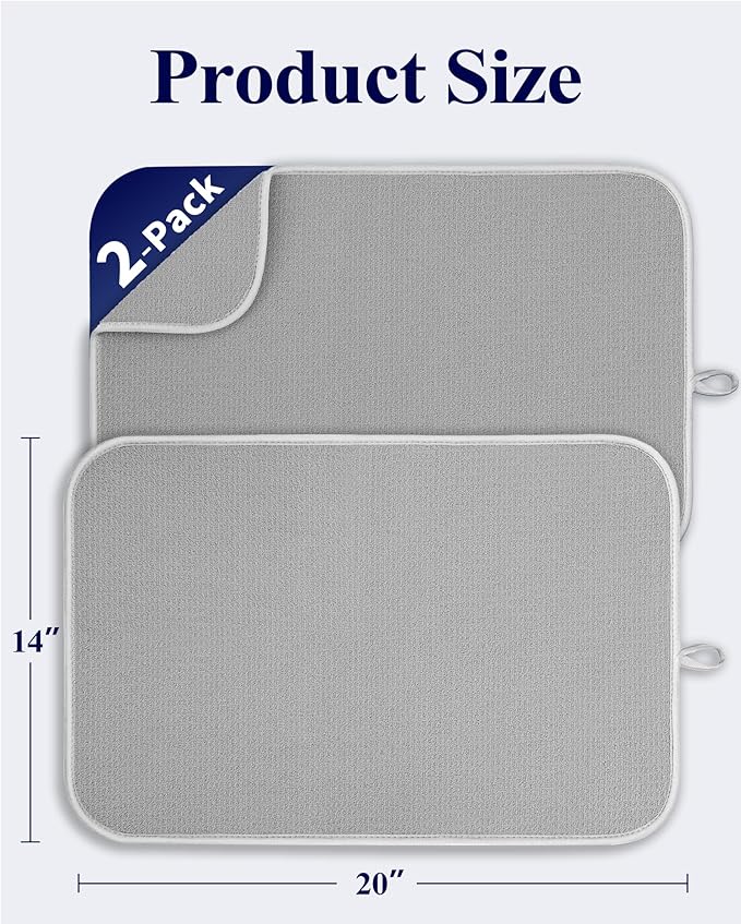 Kitsure Dish Drying Mat - 2-Pack Washable Microfiber Drying Mat for Kitchen Counter, 3-Layer Ultra Absorbent Pad with a Hanging Hook, 20" x 14", Light Gray