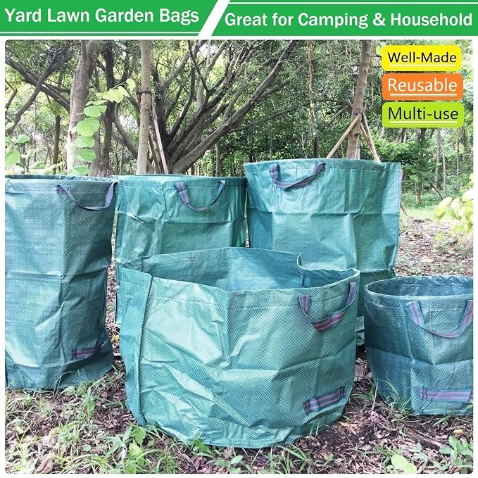 Professional 3-Pack 137 Gallon Extra Large Lawn Garden Bags (D34,H34 in) Reusable Yard Waste Bags with Gardening Gloves for Big Leaf Bag,Lawn Weeds,Grass Clippings Bag,Yard Debris Containers 4 Handles