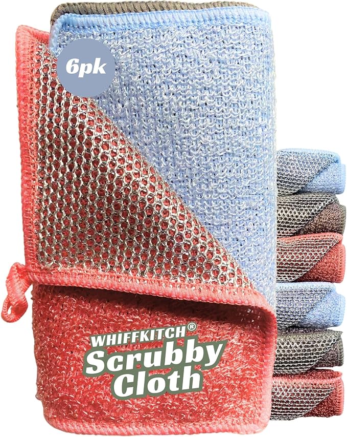 Whiffkitch® Scrubby Cloth – 6-Pack, Dishcloths, Dishrags for Kitchen and Household Cleaning 6x7, 2-Sided, Non-Scratch, Bamboo-Rayon, Scrub Mesh, Quick Dry, Washable, Reusable
