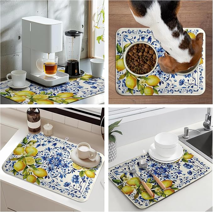 Lemon Dish Drying Mats Spring Summer Dish Mat Blue Chinoiserie Floral Drying Matt Dishes Dryer Pad for Kitchen Counter Absorbent Microfiber Washable Foldable Reusable 18x24 in