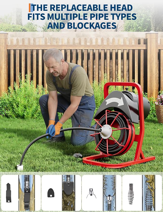 Garvee Drain Cleaner Machine 75FT x 1/2 Inch Steel Core Cable Portable 370W Electric Drain Cleaning Machine With Sewer Auger, Cutter, Air-activated Foot Switch, for Commercial, Home | Durable steel cable , 370W motor, auto-feed, foot switch, portable w...