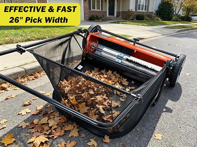 Push Lawn Sweeper, 26-Inch Width, 7 Cu. Ft. Hopper Capacity, 4 Spinning Brushes, Adjustable Height, Durable Steel Frame with Rubber Wheels, Orange