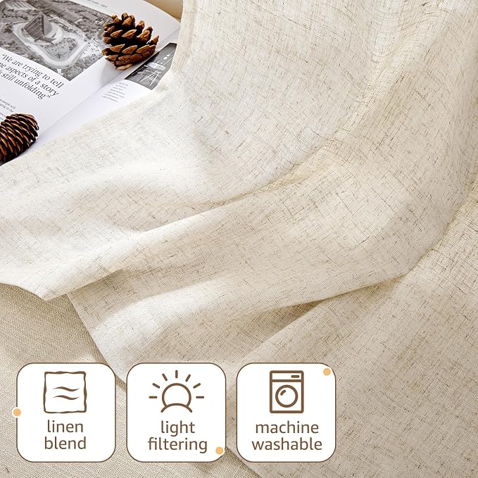 jinchan Linen Kitchen Tier Curtains, 38x45, 2 Panels, Natural | Light filtering, linen blend, rod pocket, farmhouse style, rustic decor, kitchen, bathroom, laundry room, RV, small windows