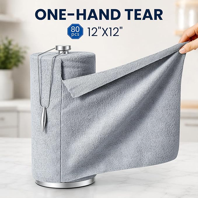 Veco Microfiber Cleaning Cloth Roll 80 PCS Gray, 12" x 12" | Lint-Free, Streak-Free, Tear Away Reusable Microfiber Towels, Cleaning Rags for Kitchen, Car & Home