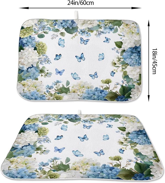 Spring Dish Drying Mat 18x24 Inches For Kitchen Counter Absorbent Watercolor Blue Hydrangea Butterfly Kitchen Decoration Summer Floral Drying Mat Pad For Home Kitchen,Dining Room,Office Decor