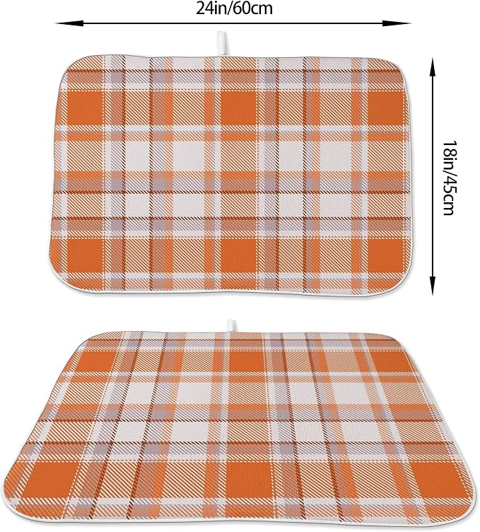 Fall Dish Drying Mat 18x24 Inches For Kitchen Counter Orange Plaid Kitchen Decoration Drying Mat Decorative Autumn Thanksgiving Drying Pad for Home Kitchen,Dining Room,Office Decor