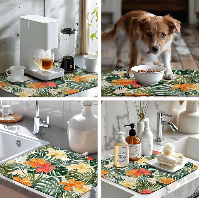 Tropical Palm Leaves Dish Drying Mat for Kitchen Counter Watercolor Flowers Leaf Drying Mat Dish Pads Reversible Absorbent Microfiber Dish Drainer Rack Mat for Countertop 18x24 Inch